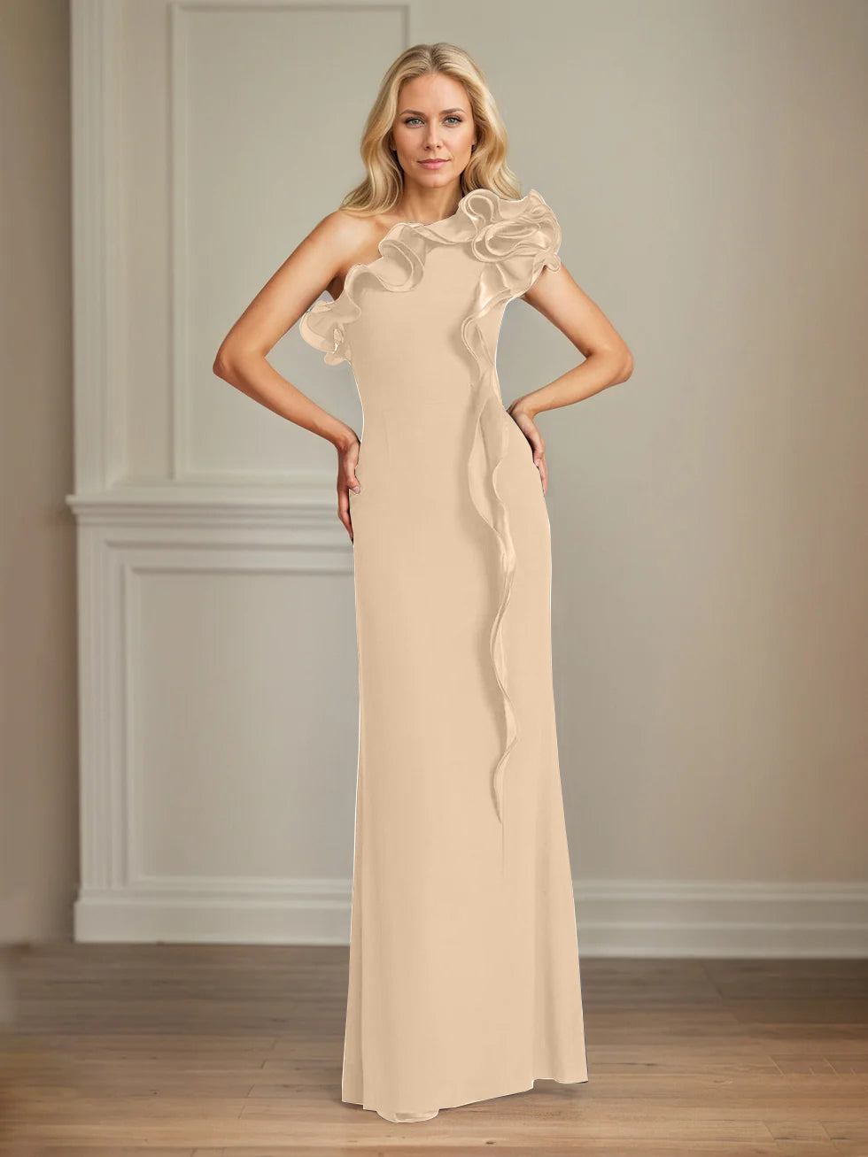 Navy Stretch Crepe One-Shoulder Sheath Dress with Ruffles – Floor-Length Mother of the Bride Gown