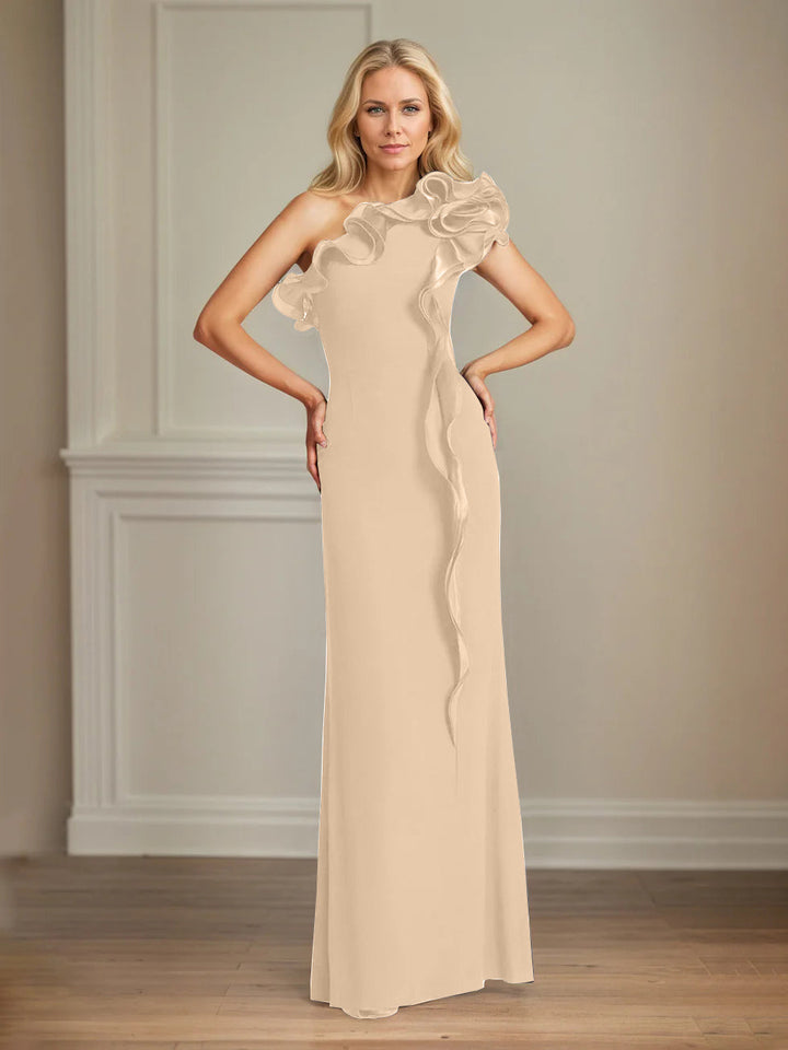 Navy Stretch Crepe One-Shoulder Sheath Dress with Ruffles – Floor-Length Mother of the Bride Gown