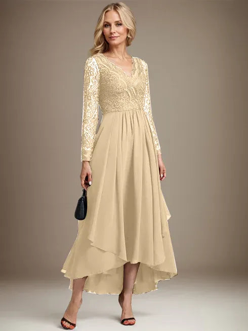 A-Line V-Neck Asymmetrical Lace Chiffon Mother of the Bride Dress