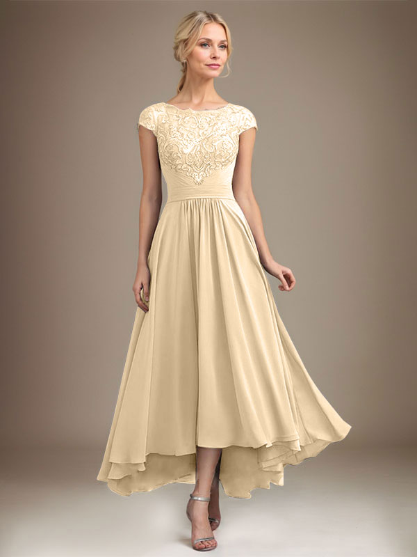 A-Line Scoop Neck Illusion Asymmetrical Lace Chiffon Mother of the Bride Dress with Pleats