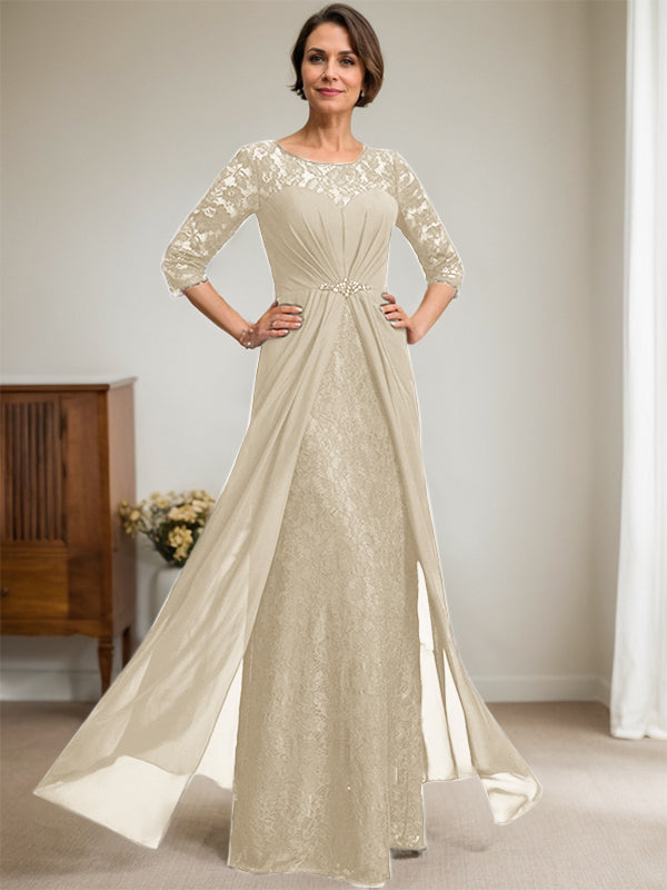 A-Line Scoop Neck Illusion Floor-Length Lace Chiffon Mother of the Bride Dress with Beaded Ruffles