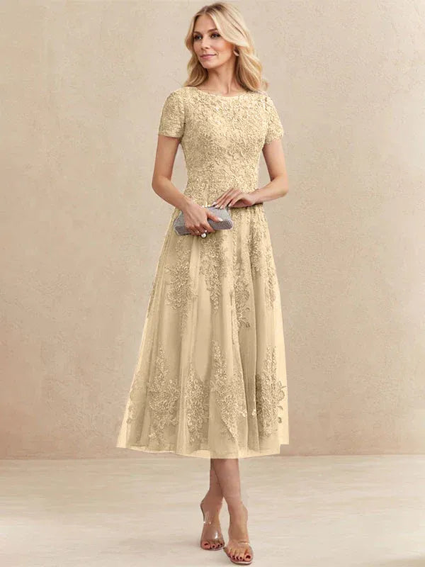 A-Line Scoop Neck Tea-Length Tulle Lace Mother of the Bride Dress
