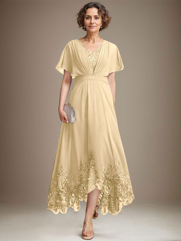 A-Line V-Neck Asymmetrical Lace Chiffon Mother of the Bride Dress with Pleats