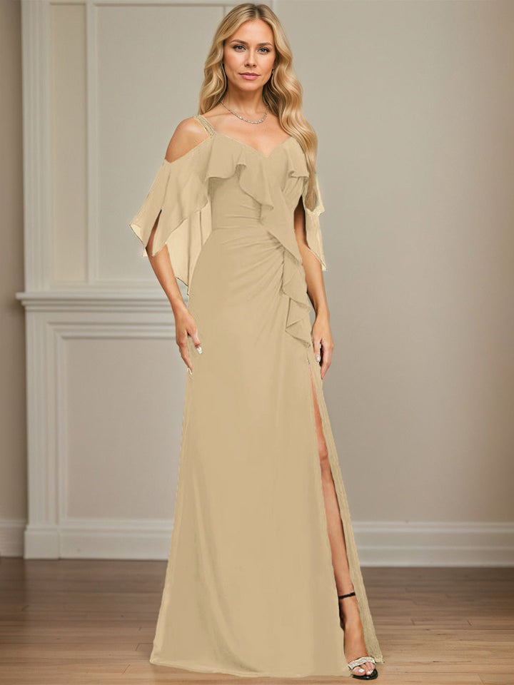 Sheath/Column Cold Shoulder V-Neck Floor-Length Chiffon Dress with Cascading Ruffles, Sequins, and Beading