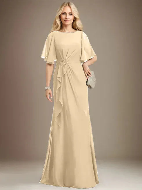 A-Line Scoop Floor-Length Chiffon Mother of the Bride Dress with Cascading Ruffles, Beading, and Sequins