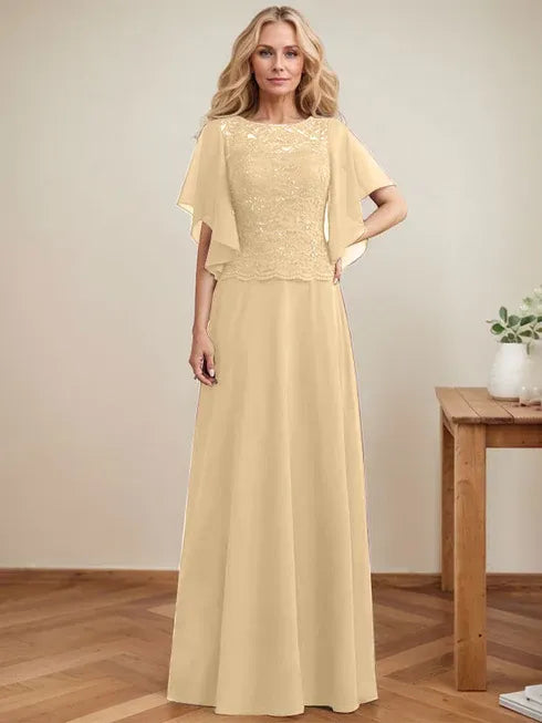 A-Line Scoop Neck Illusion Floor-Length Lace Chiffon Mother of the Bride Dress with Sequins