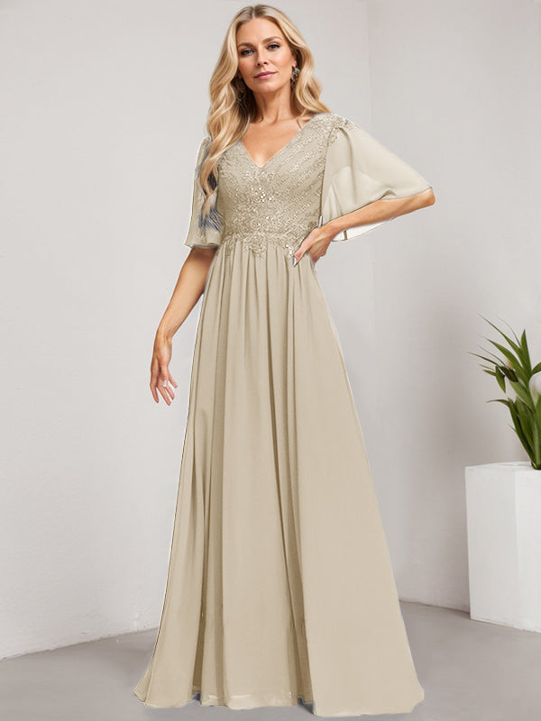 A-Line V-Neck Floor-Length Lace Chiffon Mother of the Bride Dress with Sequins