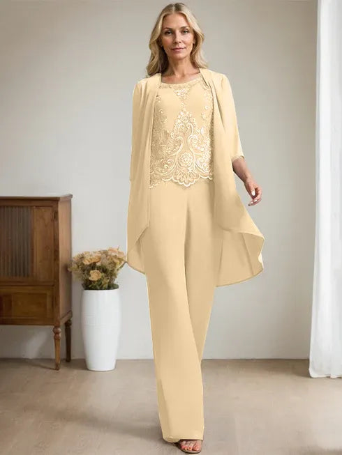 Floor-Length Chiffon Lace Mother of the Bride Jumpsuit/Pantsuit with Scoop Neck, Beading, and Sequins