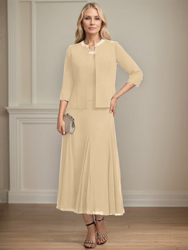 A-line Scoop Tea-Length Chiffon Mother of the Bride Dress with Sequins and Beading Separates
