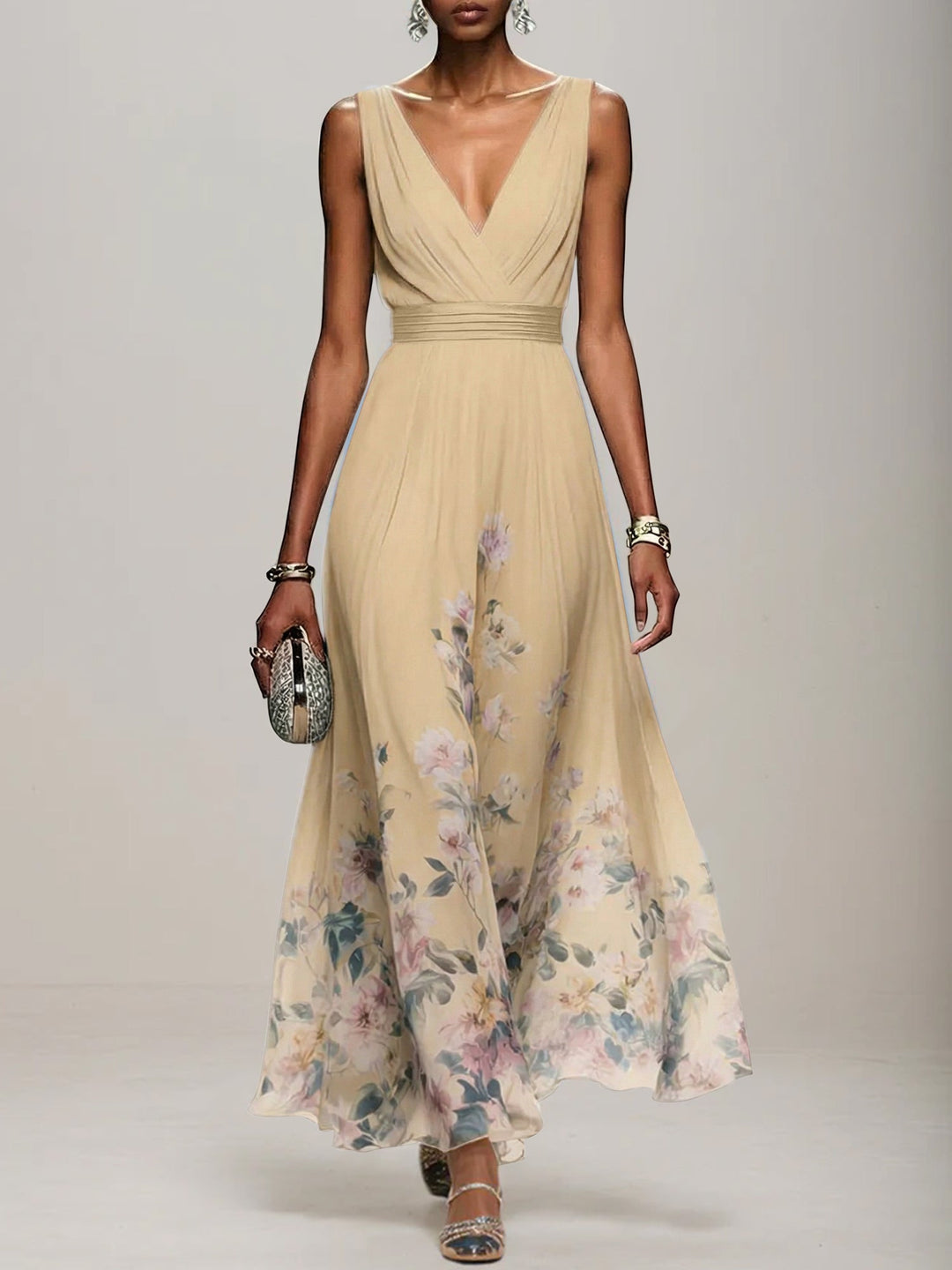 Light Blue Floral Chiffon V-Neck Sleeveless A-Line Maxi Dress