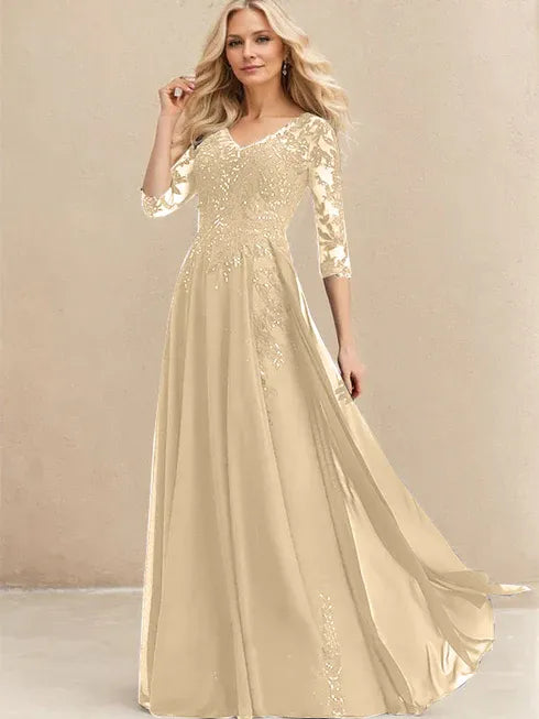 A-Line V-Neck Floor-Length Lace Chiffon Mother of the Bride Dress with Sequins