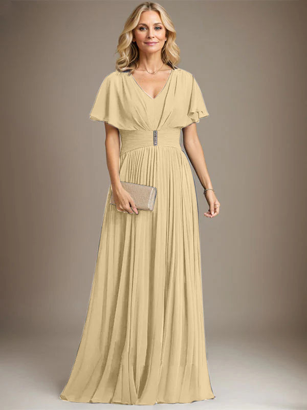 A-Line V-Neck Floor-Length Chiffon Mother of the Bride Dress with Crystal Brooch and Pleated Design
