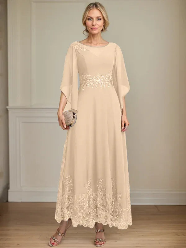 A-Line Scoop Neck Illusion Lace Chiffon Mother of the Bride Dress with Sequins and Ankle-Length Hem