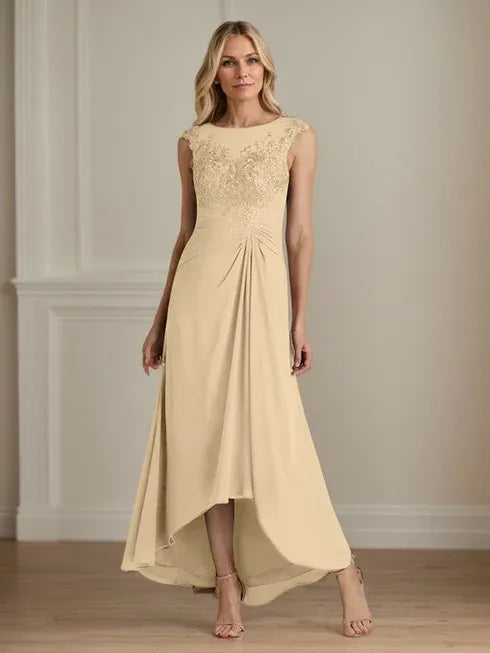 Champagne A-Line Lace and Chiffon Scoop Neck Dress