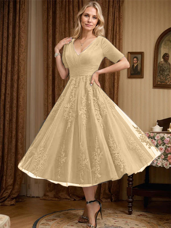 A-Line V-Neck Tea-Length Tulle Lace Mother of the Bride Dress with Pleats