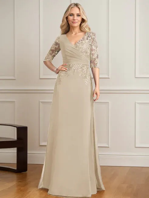 A-Line V-Neck Floor-Length Lace and Chiffon Mother of the Bride Dress with Pleated Sequins