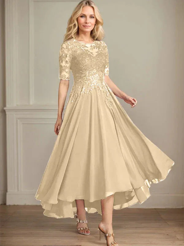 A-Line Scoop Neck Illusion Asymmetrical Chiffon and Lace Mother of the Bride Dress with Sequins