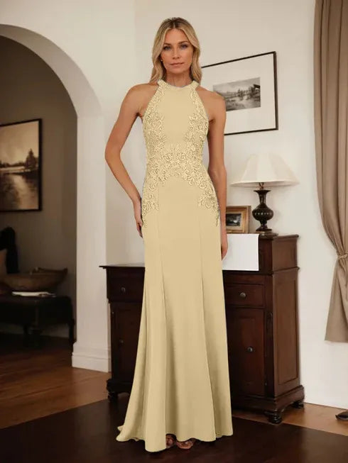 Dusty Blue Sheath Halter Mother of the Bride Dress with Appliqué Details