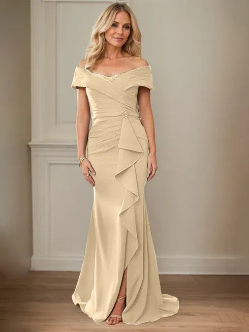 Floor-Length Lace and Chiffon Mother of the Bride Dress with Sheath/Column V-Neck Illusion and Pleated Sequins