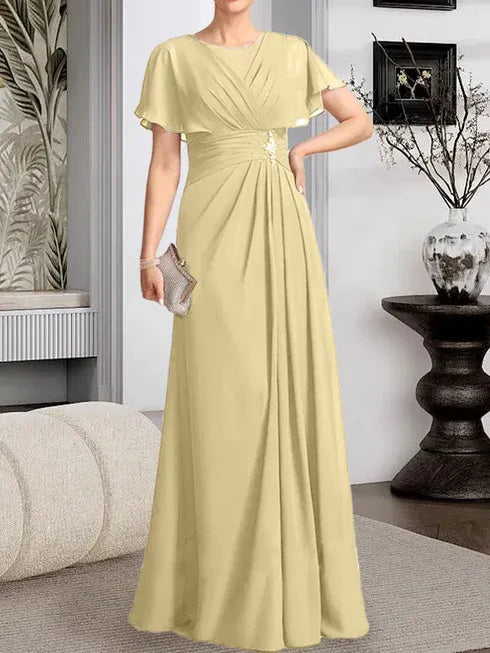 A-Line Scoop Neck Floor-Length Chiffon Mother of the Bride Dress with Pleated Beading