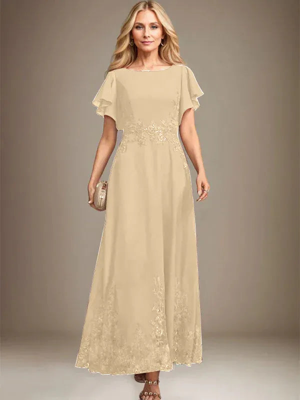 A-Line Scoop Neck Ankle-Length Lace and Chiffon Mother of the Bride Dress with Sequins