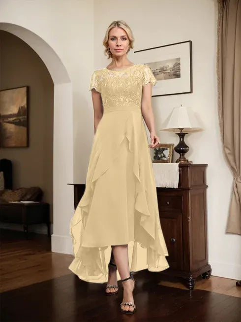 A-Line Scoop Neck Illusion Asymmetrical Chiffon Lace Mother of the Bride Dress with Bow, Ruffle, and Sequins