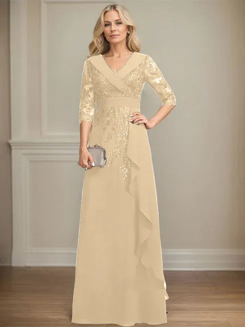 A-Line Collared V-Neck Floor-Length Lace Chiffon Mother of the Bride Dress with Sequins and Cascading Ruffles