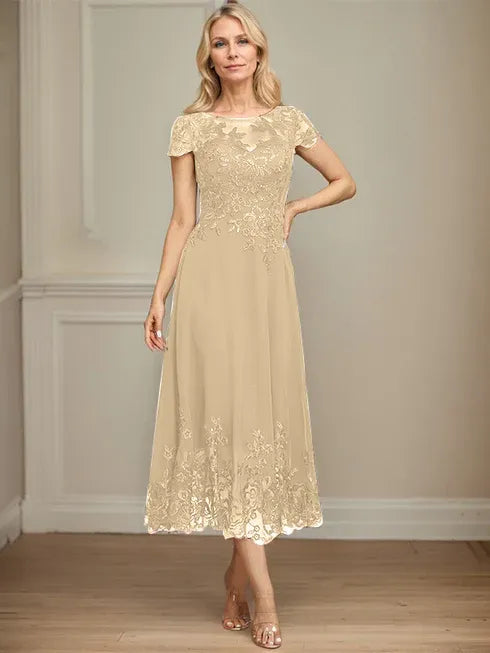 A-Line Illusion Scoop Tea-Length Lace Chiffon Mother of the Bride Dress with Sequins