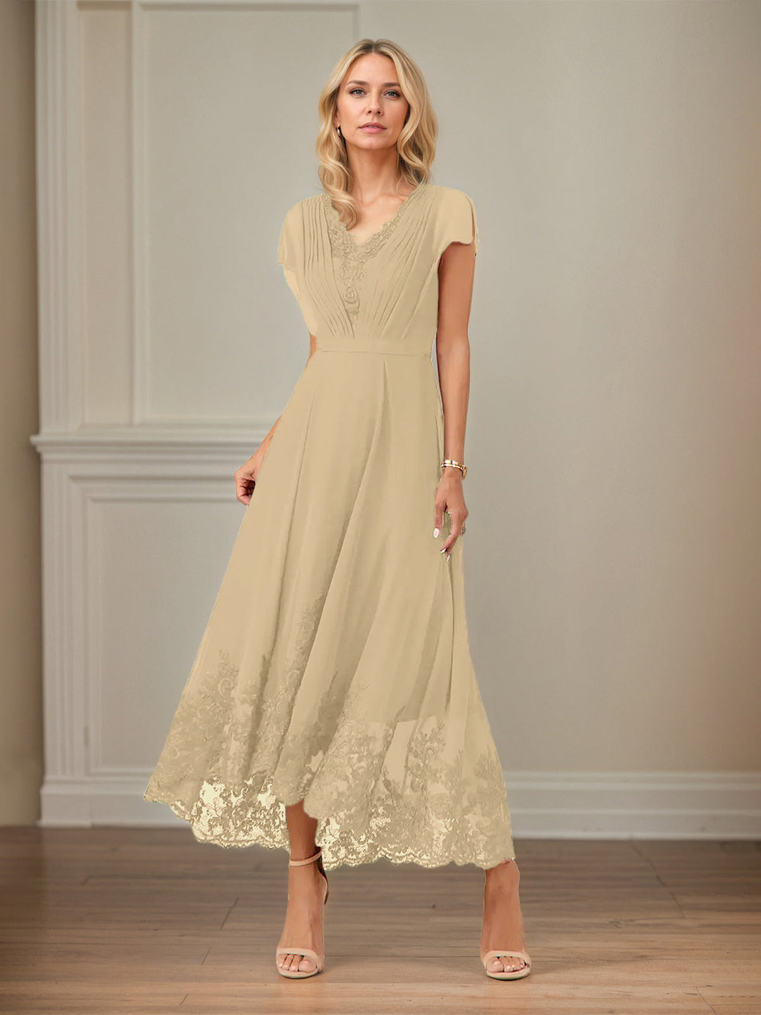 A-Line V-Neck Flutter Sleeve Chiffon Dress with Appliques and Ankle Length