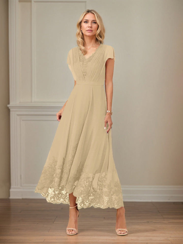 A-Line V-Neck Flutter Sleeve Chiffon Dress with Appliques and Ankle Length