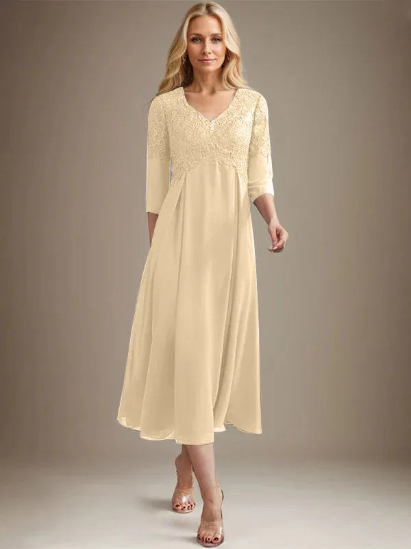 A-Line V-Neck Tea-Length Chiffon Lace Mother of the Bride Dress with Beading