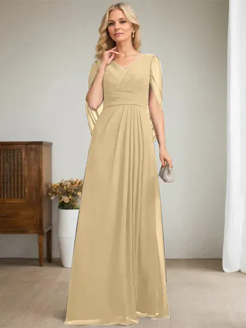 Dark Navy A-Line V-Neck Long Mother of the Bride Dress