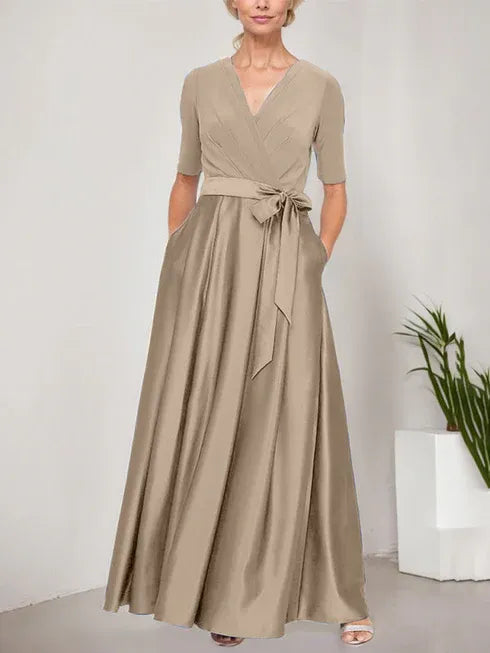 Surplice Neckline Ballgown with Full Satin Skirt and Jersey Bodice