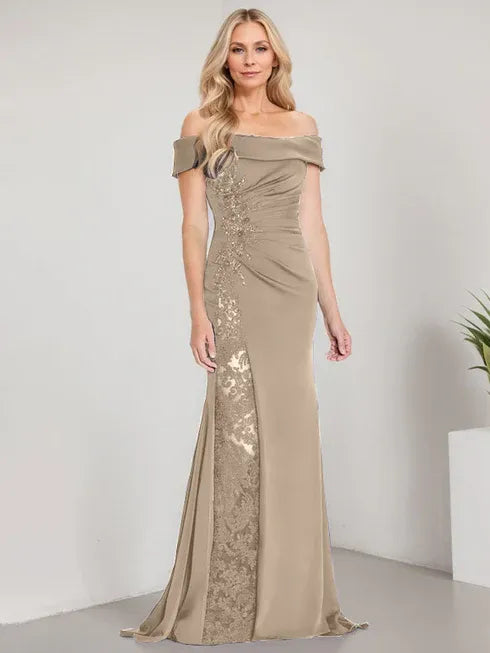 A-Line Off-the-Shoulder Floor-Length Mother of the Bride Dress with Appliqué Beadings and Mermaid Silhouette Featuring a High Split