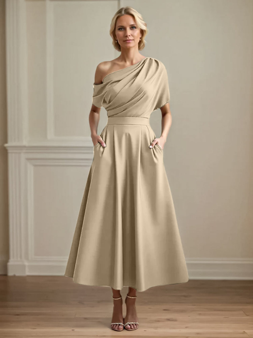 One-Shoulder Satin A-Line Pleated Ankle-Length Mother of the Bride Dress