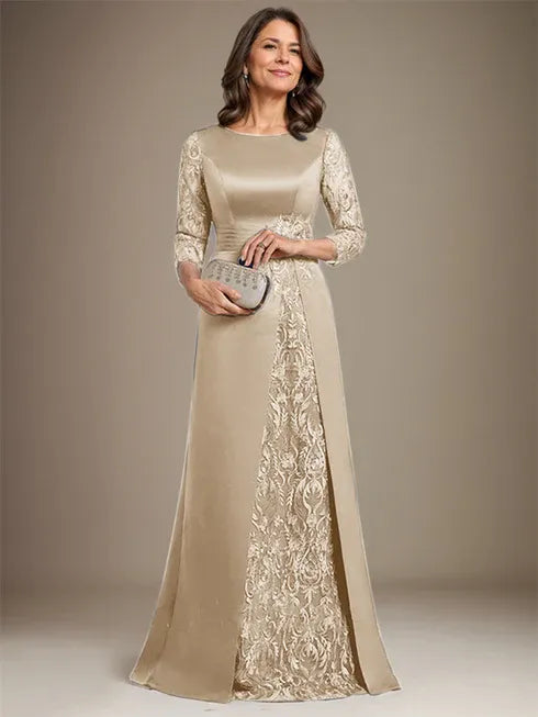 Floor-Length A-Line Lace Satin Mother of the Bride Dress with Scoop Neck and Applique