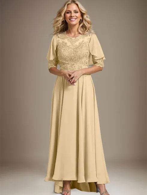 A-Line Scoop Neck Illusion Asymmetrical Chiffon and Lace Mother of the Bride Dress with Beading