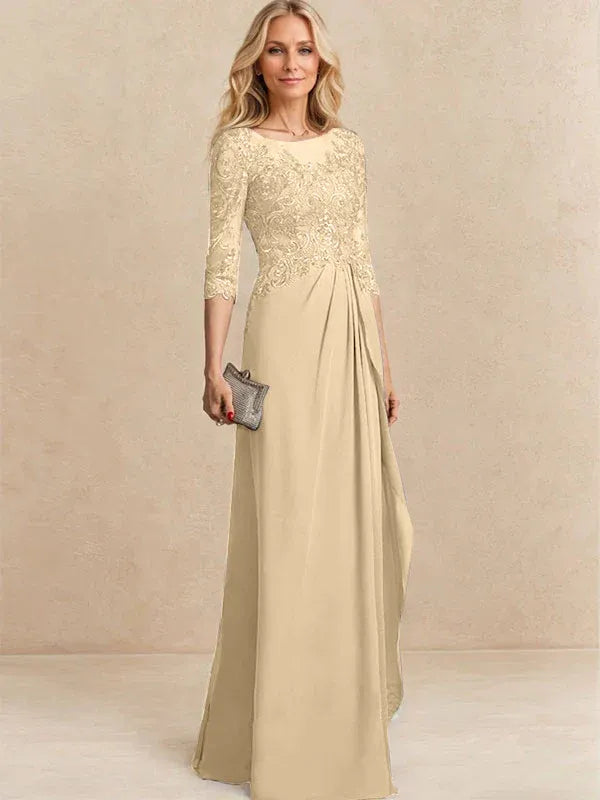 A-Line Scoop Illusion Floor-Length Chiffon and Lace Mother of the Bride Dress with Beading, Sequins, and Cascading Ruffles