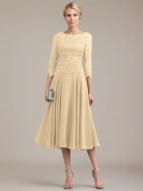 A-Line Scoop Neck Tea-Length Lace Chiffon Mother of the Bride Dress