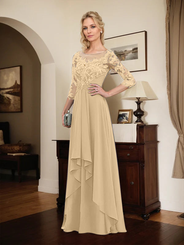 A-Line Scoop Neck Illusion Floor-Length Lace Chiffon Mother of the Bride Dress with Cascading Ruffles