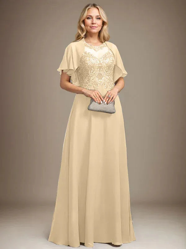 A-Line Scoop Neck Illusion Floor-Length Lace Chiffon Mother of the Bride Dress with Sequins