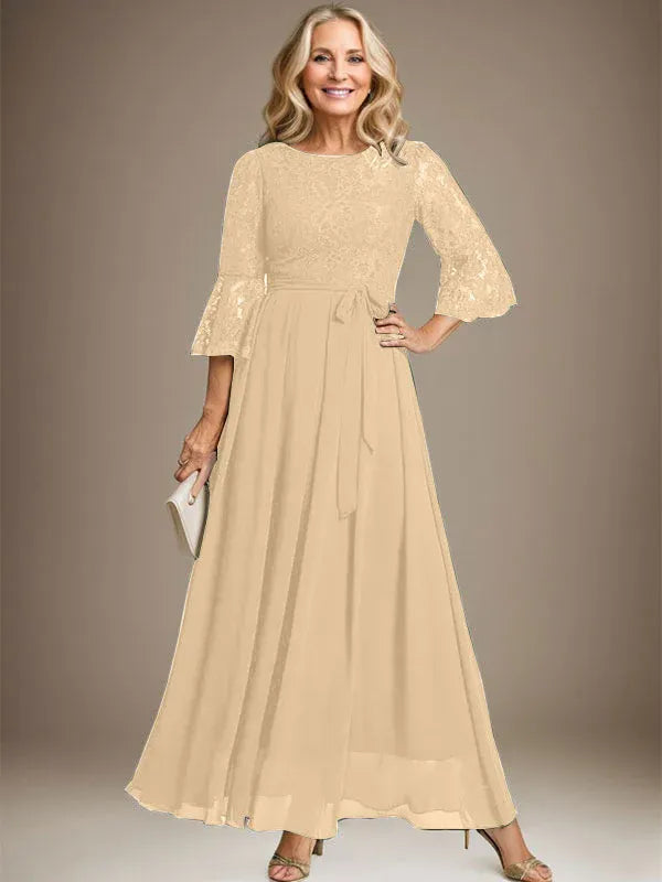 A-Line Scoop Neck Ankle-Length Lace Chiffon Mother of the Bride Dress with Bow
