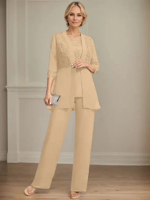 Floor-Length Chiffon Lace Jumpsuit and Pantsuit Separates with Sequins – Perfect Mother of the Bride Dress