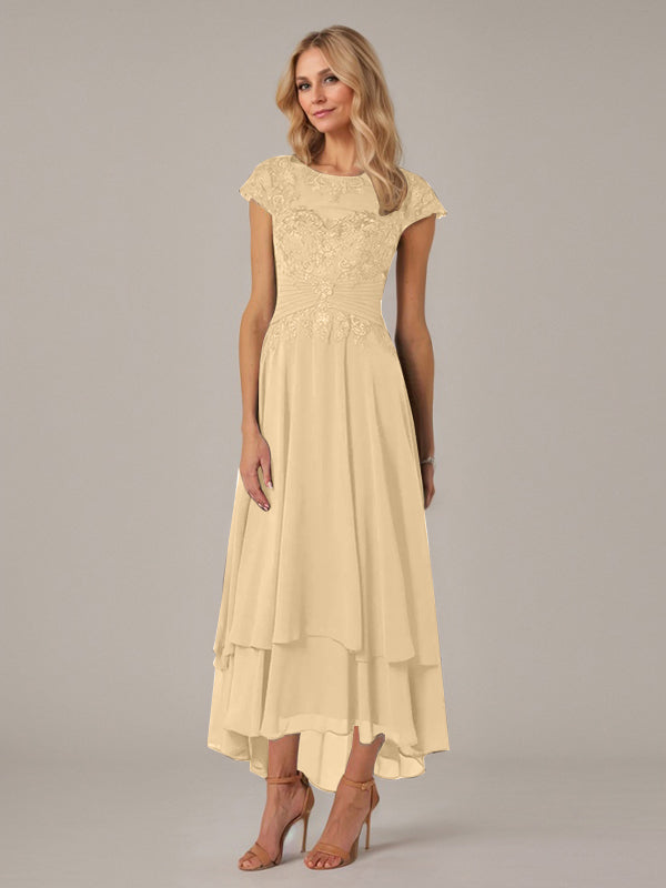 A-Line Boat Neck Illusion Asymmetrical Chiffon Lace Mother of the Bride Dress with Applique and Pleats