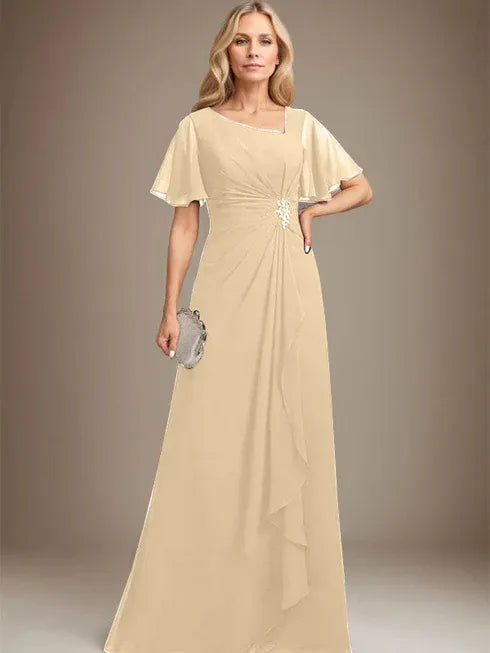 A-Line Asymmetrical Floor-Length Chiffon Mother of the Bride Dress with Pleated Beading and Sequins