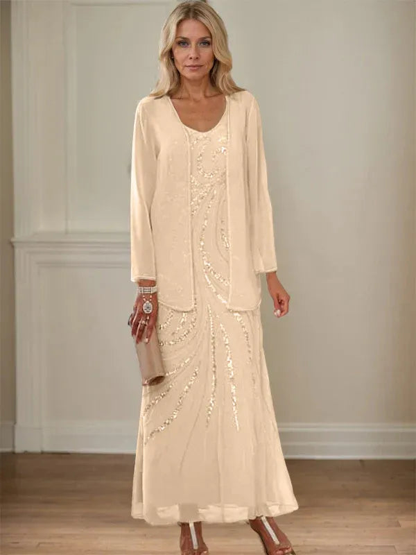 V-Neck Sheath/Mother of the Bride Ankle-Length Dress with Jacket & Sequins
