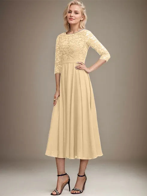 A-Line Scoop Neck Tea-Length Lace Chiffon Mother of the Bride Dress with Sequins