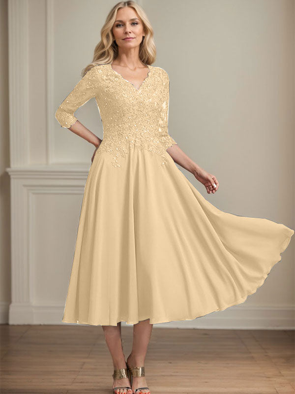 A-Line V-Neck Tea-Length Chiffon and Lace Mother of the Bride Dress with Beading and Sequins