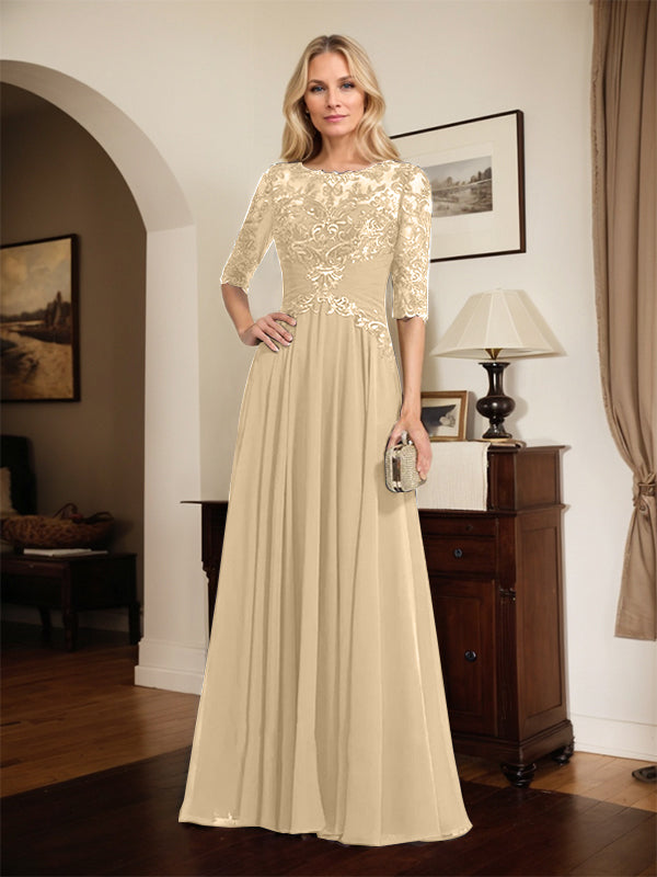 A-Line Scoop Neck Illusion Floor-Length Chiffon and Lace Mother of the Bride Dress with Pleated Sequins