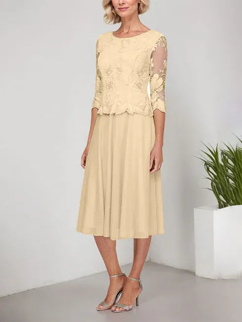 A-Line Scoop Neck Tea-Length Lace Chiffon Mother of the Bride Dress with Embroidery